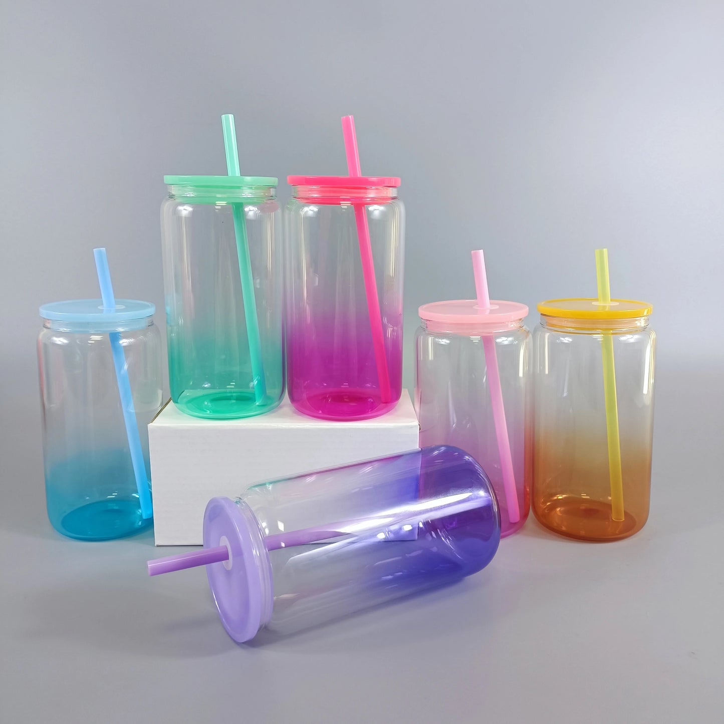 Ombre Glass cans  W/ Plastic lids